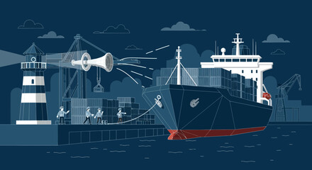 Obraz premium Vector illustration depicting global trade communication with a cargo ship in the port