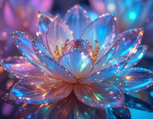 Magical glowing lotus flower shimmering with iridescent light and bokeh