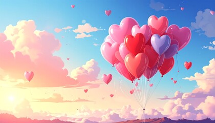 Soaring Love A Sky Filled with Heart-Shaped Balloons on Valentine's Day