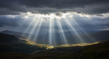 Sun Rays Streaming Through Dark Clouds Over Valley Landscape