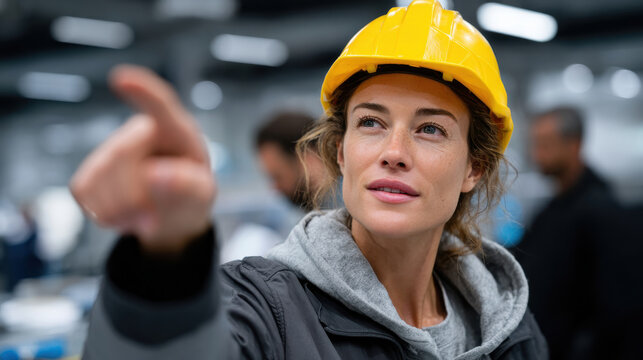 A focused female engineer wearing a yellow hard hat points while communicating with colleagues, showcasing enthusiasm and leadership on the construction site in a vibrant setting. - Powered by Adobe