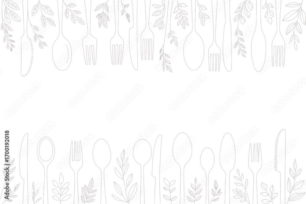 Poster elegant white background with cutlery and leaf patterns arranged in top and bottom borders design