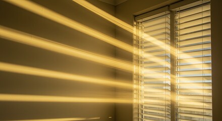 Sunlight Streaming Through Window Blinds in Empty Room