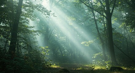 Sunlit Green Forest with Rays of Light and Mist