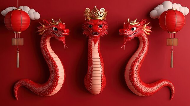 A vibrant depiction of three red dragon heads against a bold red background, adorned with decorative lanterns and clouds, Ideal for cultural events, festivals, or celebration materials,