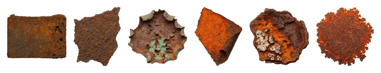 Obraz premium Rusted metal pieces set including brown, orange, and green corroded fragments isolated. Industrial grunge textures.