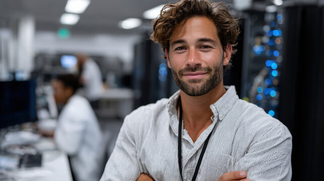 A man stands confidently in a tech office, showcasing a blend of professionalism and approachability in a well-lit environment, highlighting teamwork and innovation.