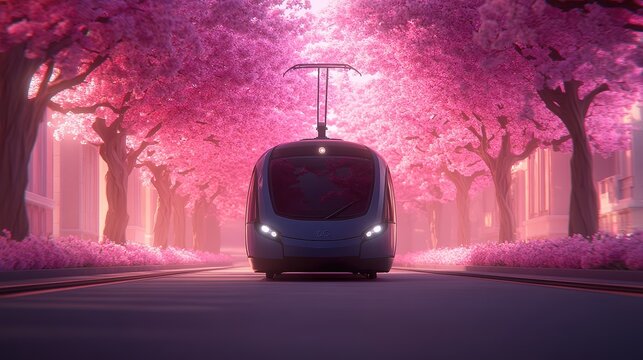 A modern tram glides through a picturesque street lined with vibrant pink trees, creating a serene and dreamy atmosphere, Ideal for urban design, travel promotion, or nature-themed projects, - Powered by Adobe