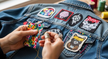 Close-up of Woman's Hands Sewing Floral Fabric Patch onto Denim Jacket Decorated with Patches