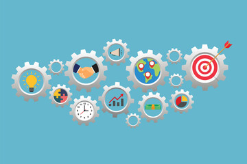 Business Process and Strategy Icons Inside Gear Wheels on Blue Background