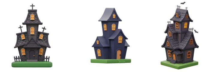 Spooky haunted houses with glowing windows perfect for Halloween celebrations and festive designs with transparent background