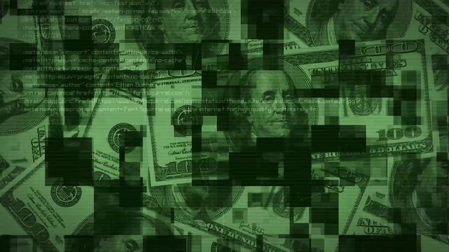 Abstract background and 100-dollar bills, digital distortion, noise, and computer code in motion. 4K