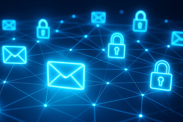 a digital network with glowing mail icons and padlocks, a cybersecurity concept with data privacy and encrypted communication in a global network