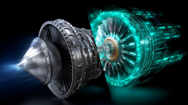 Gas turbine engine split in half: one side metallic physical structure, the other glowing digital twin in holographic blue-green light.