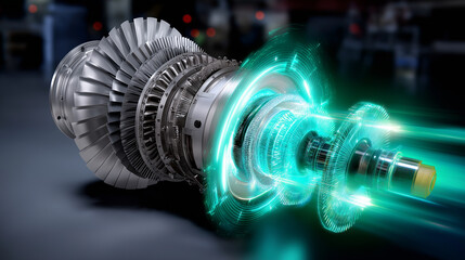 Gas turbine engine split in half: one side metallic physical structure, the other glowing digital twin in holographic blue-green light.