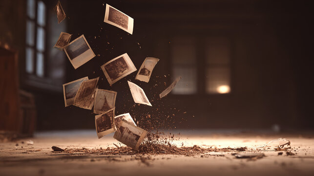 constrained. Vintage sepia-toned polaroid photos cascading through a sunbeam in a dusty, nostalgic attic. travel magazines, destination branding, designed for travel destination branding.