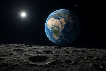 a stunning view of planet earth rising over the surface of the moon, with the sun brightly shining in the vast, starry, dark sky