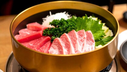 Fresh sashimi and vegetables in a golden bowl