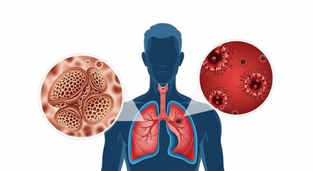 Illustration showing human respiratory system with lung damage and virus infection detail view
