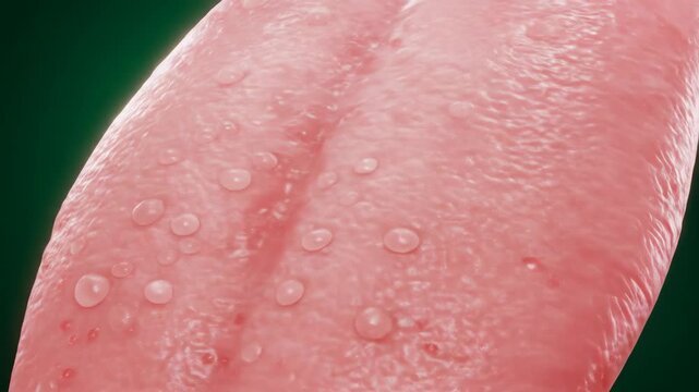 Close-up of a wet human tongue with water droplets