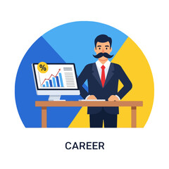 Illustration of businessman standing at desk with computer showing growth chart