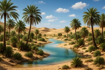 Obraz premium Desert Oasis with Palm Trees and Clear Blue Water