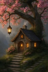 Obraz premium Cozy Fairy Tale Cottage Under Cherry Blossom Tree