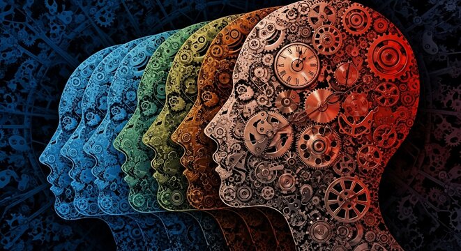 Abstract representation of human profiles filled with gears and clockwork mechanisms in various colors