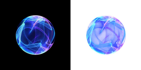 Dynamic, glowing spheres emitting vibrant electric waves against a dark and mysterious background scene