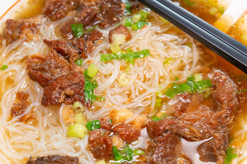 angle view pork offal with Guilin rice noodles at horizontal composition
