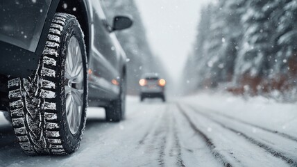 A car with snow on the tires is driving down a snowy road