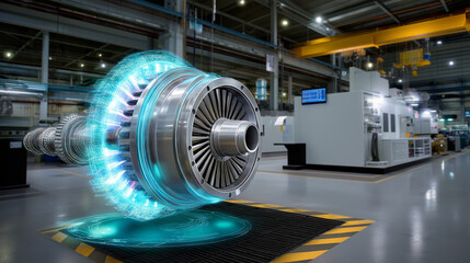 Hybrid concept: turbine in physical factory setting with holographic twin hovering above, clean margin.