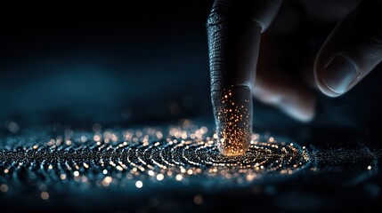 暗闇の中で光るデジタル粒子に触れる指 | Human finger touching glowing digital particles in darkness