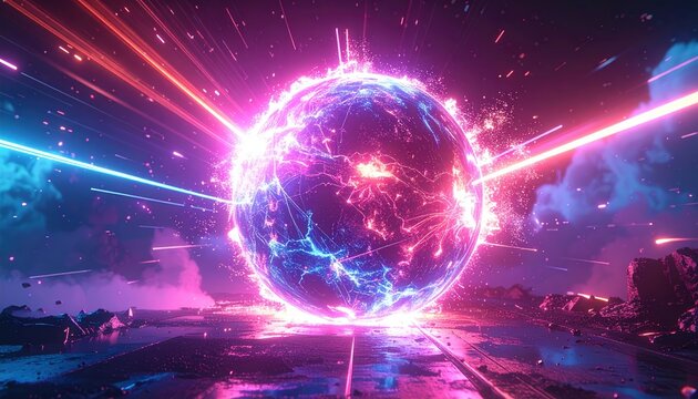 Energy sphere exploding with neon light rays in a dark, abstract world