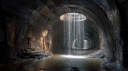 Naklejka premium A tunnel with a waterfall in the middle