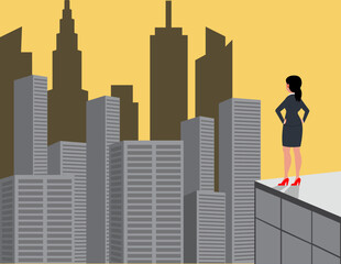 Success business hope. Business woman standing on edge of building