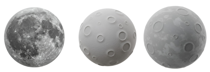 Three detailed planetary spheres showcasing varied textures and lunar surface realism for science and space exploration with transparent background