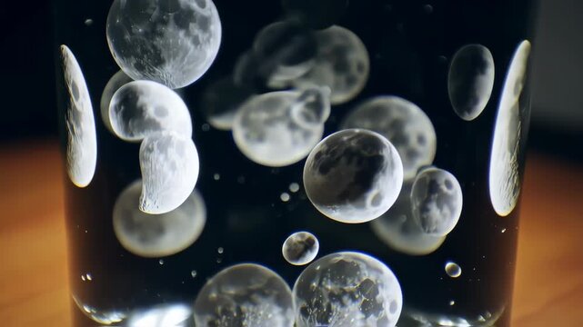 Abstract moon-shaped orbs in a dark glass container