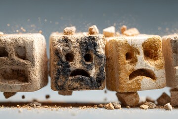 Crumbly textured blocks with sad faces and expressive features, symbolizing emotion in abstract art form