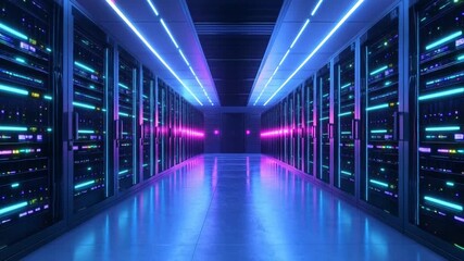 Futuristic data center with vibrant neon lighting - Powered by Adobe