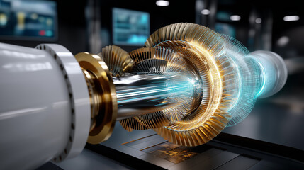 Futuristic cross-section of turbine showing physical structure on left, glowing digital twin on right.