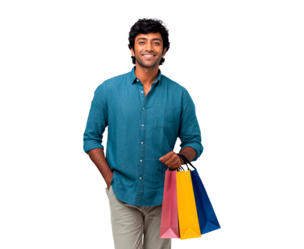 Smiling young man with shopping bags in colorful attire on transparent background, PNG