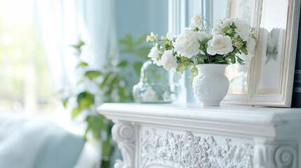 Elegant White Mantelpiece with a Floral Arrangement