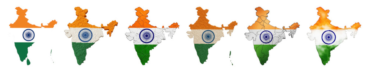 India map flag set including solid, textured, cracked, brushed, and watercolor styles isolated. National identity, geography, and patriotic themes.