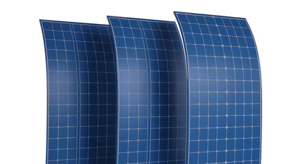 Three curved blue solar panels with grid pattern, isolated on white background