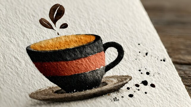 Delicious warm coffee in a vibrant striped cup and saucer with rising steam rests on textured white paper displaying dark splatters.
