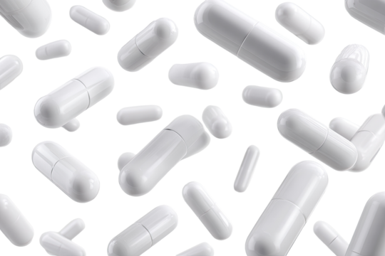 White capsules scattered on black background (1)