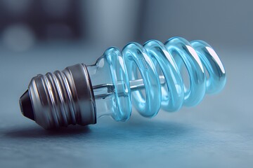 Close-up of glowing energy-efficient spiral light bulb lying on textured surface with blue illumination