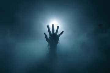Creepy zombie hand reaching toward glowing light in eerie dark misty atmosphere