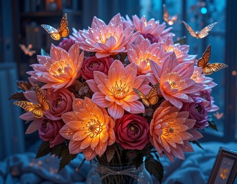 Magical glowing floral arrangement with delicate butterflies in soft evening light